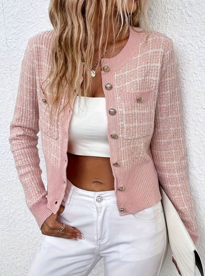 Damen Kurze Taillierte Strickjacke aus Tweed-Material mit Goldknöpfen - Rosa Weiß