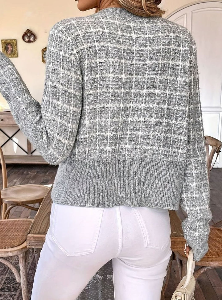Damen Kurze Taillierte Strickjacke aus Tweed-Material mit Goldknöpfen