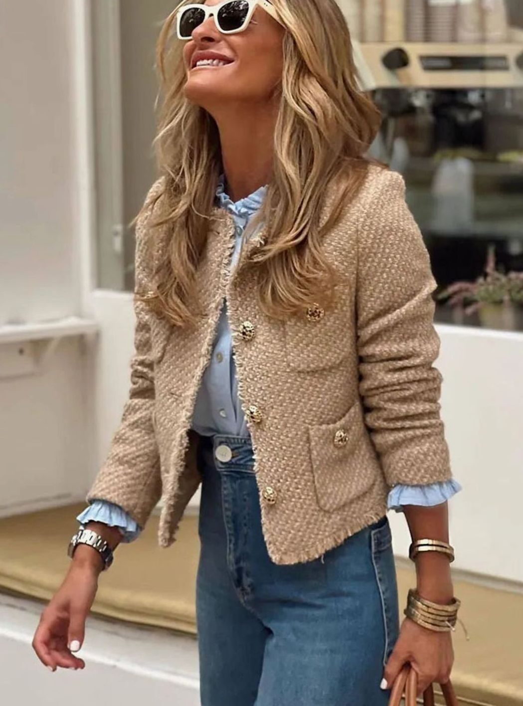 Damen Kurze Tweed-Jacke mit Knopfleiste Rundhals