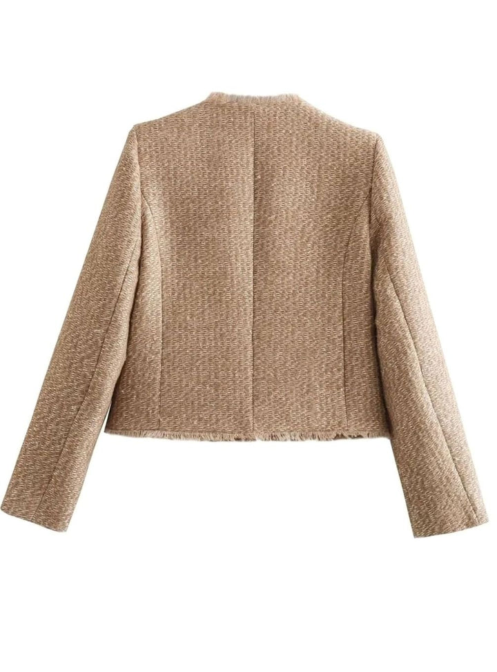 Damen Kurze Tweed-Jacke mit Knopfleiste Rundhals