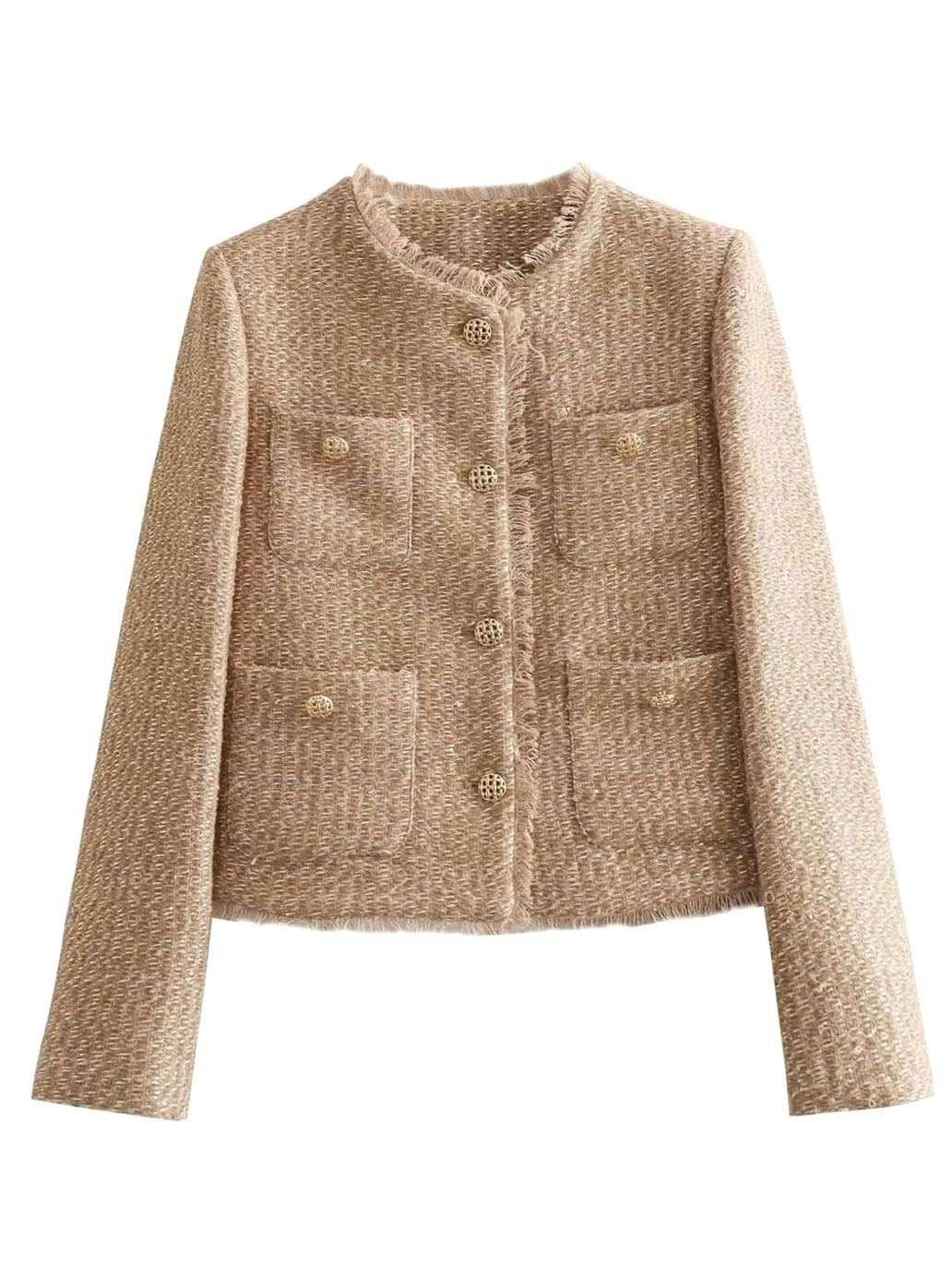 Damen Kurze Tweed-Jacke mit Knopfleiste Rundhals