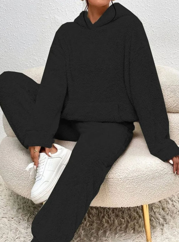 Damen Kuscheliges Zweiteiliges Pullover-Set Fleece Hoodie Jogginghose - Schwarz