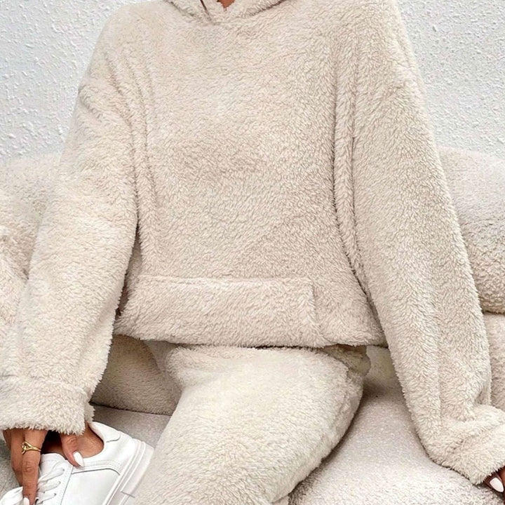 Damen Kuscheliges Zweiteiliges Pullover-Set Fleece Hoodie Jogginghose - Beige