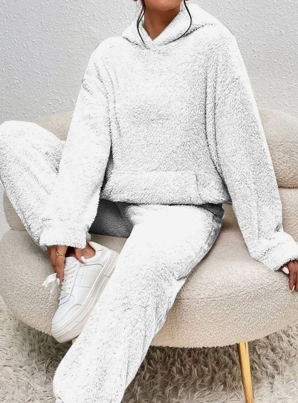 Damen Kuscheliges Zweiteiliges Pullover-Set Fleece Hoodie Jogginghose - Weiß