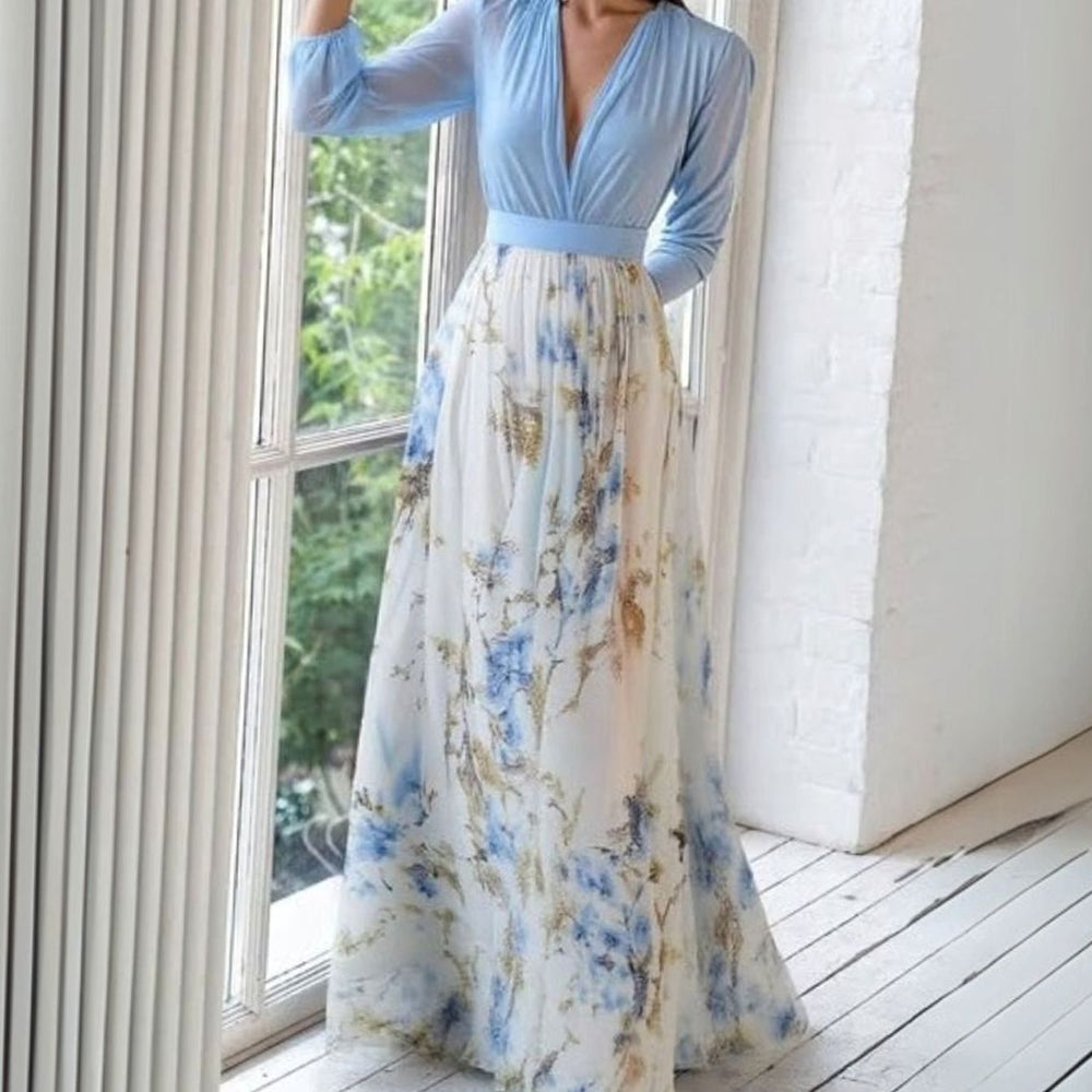Damen Langarm Blumen Chiffon V-Ausschnitt Maxi Kleid