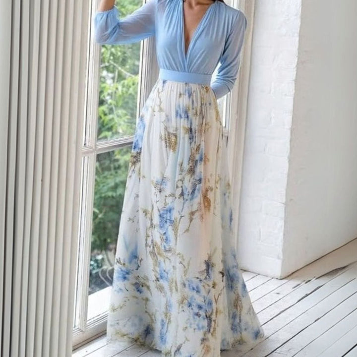 Damen Langarm Blumen Chiffon V-Ausschnitt Maxi Kleid