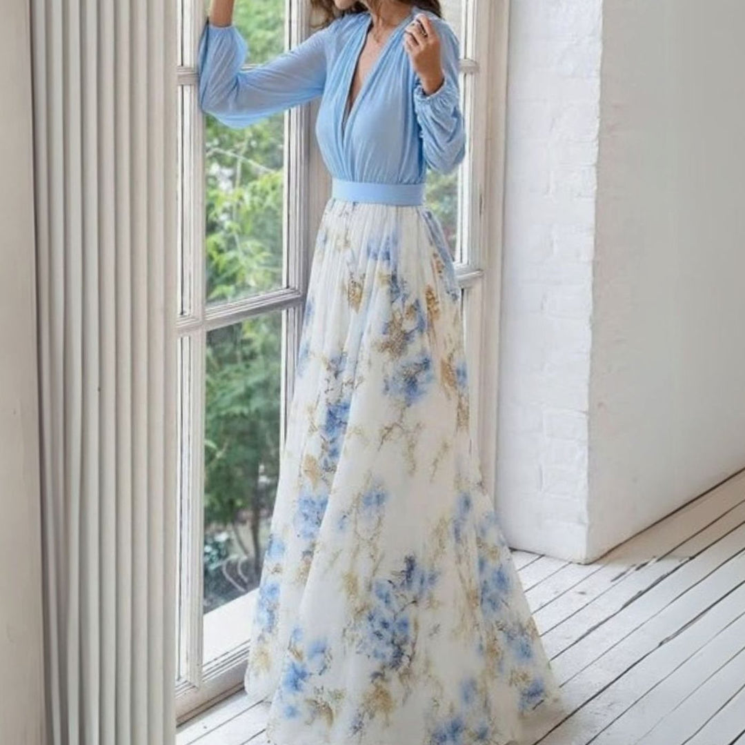 Damen Langarm Blumen Chiffon V-Ausschnitt Maxi Kleid