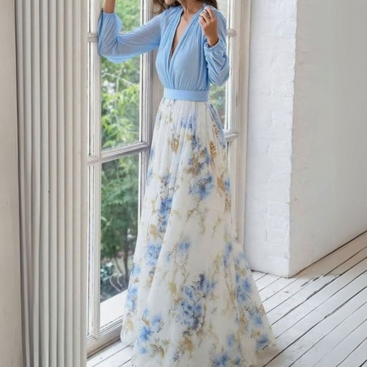Damen Langarm Blumen Chiffon V-Ausschnitt Maxi Kleid