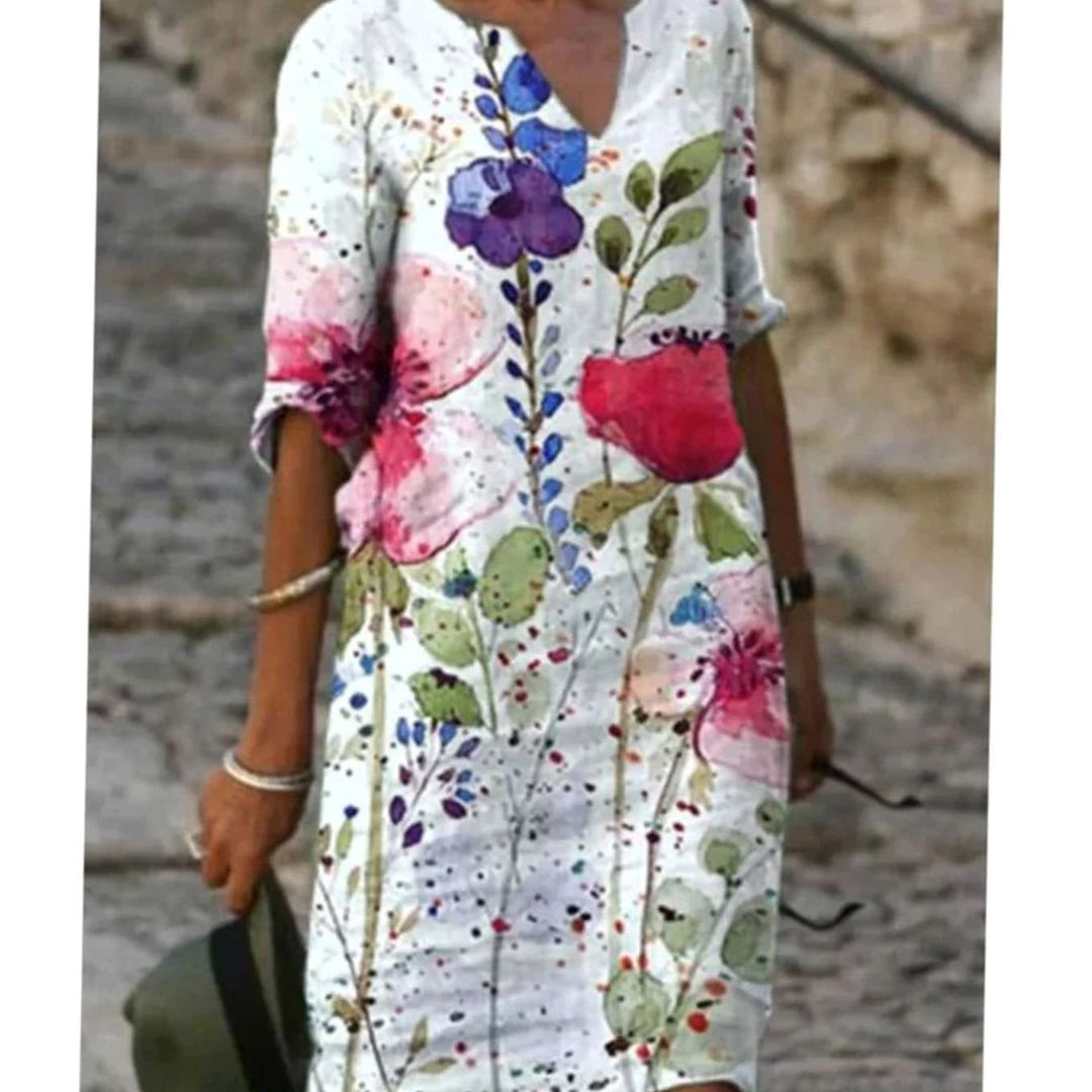Damen Langarm Blumenmuster Shift Kleid mit V-Ausschnitt - Modell 14
