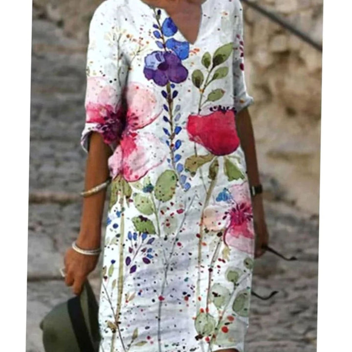 Damen Langarm Blumenmuster Shift Kleid mit V-Ausschnitt - Modell 14