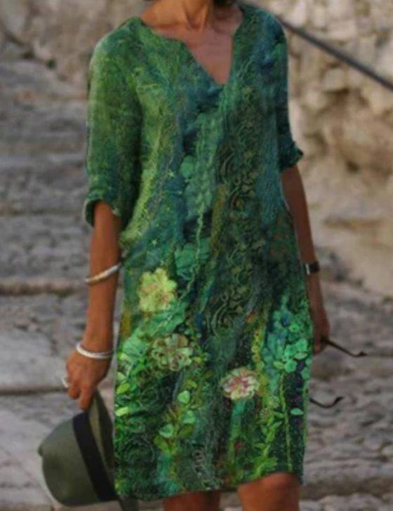 Damen Langarm Blumenmuster Shift Kleid mit V-Ausschnitt - Grün