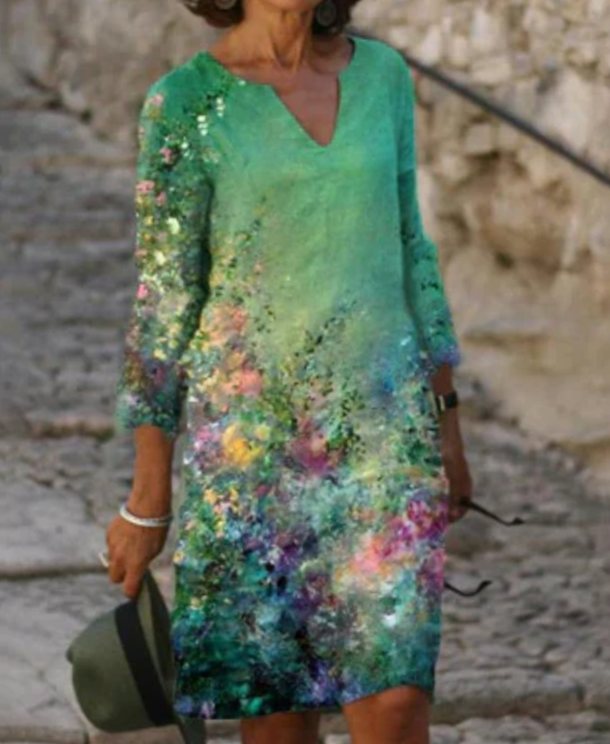 Damen Langarm Blumenmuster Shift Kleid mit V-Ausschnitt - Blümchengrün
