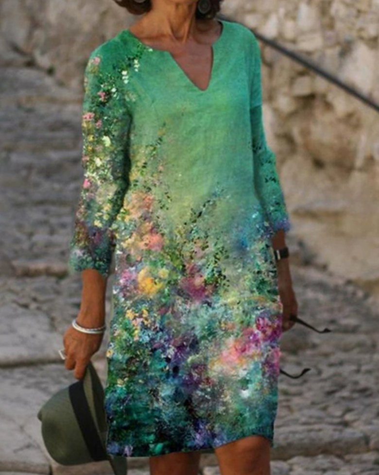 Damen Langarm Blumenmuster Shift Kleid mit V-Ausschnitt