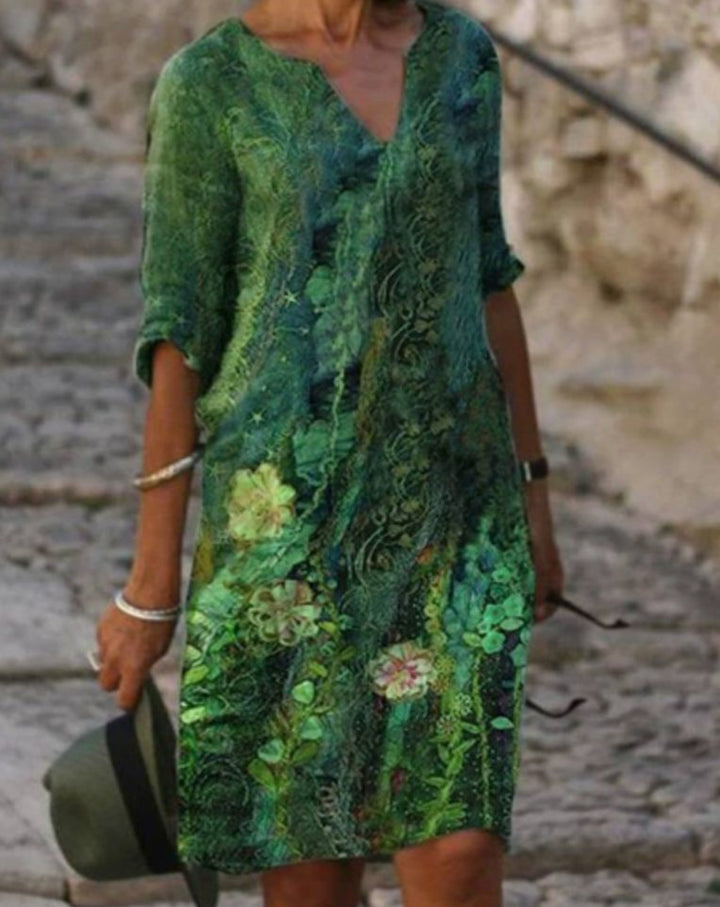 Damen Langarm Blumenmuster Shift Kleid mit V-Ausschnitt