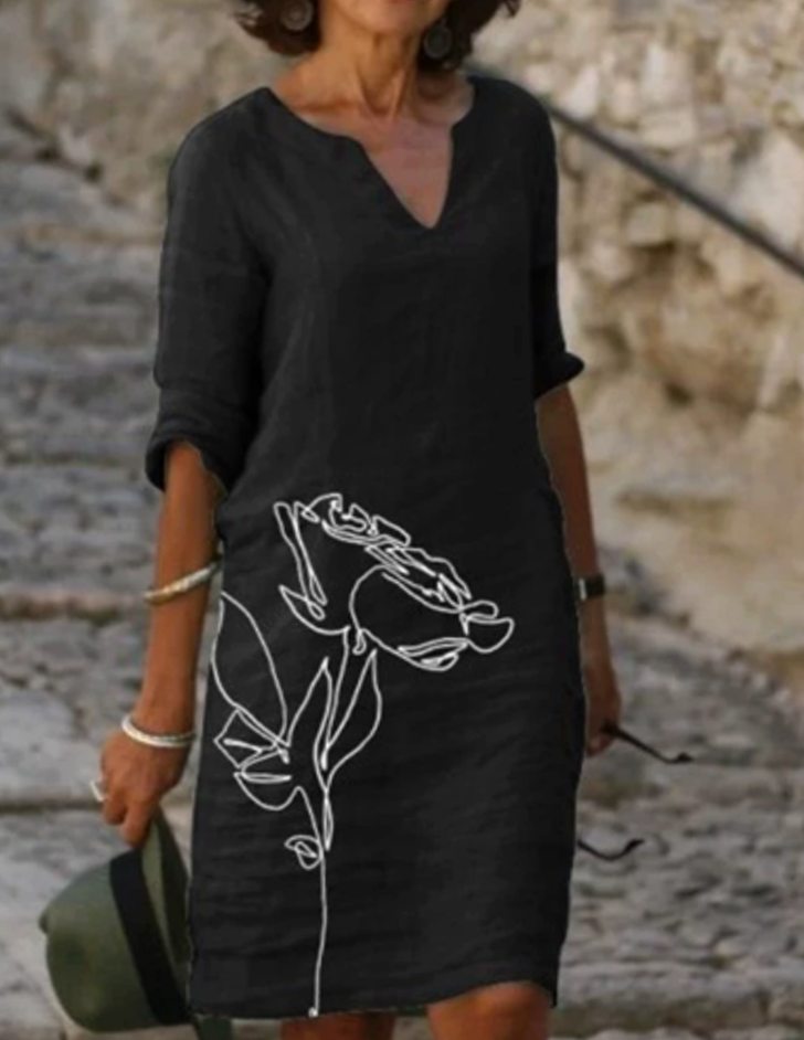 Damen Langarm Blumenmuster Shift Kleid mit V-Ausschnitt