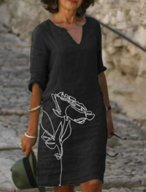Damen Langarm Blumenmuster Shift Kleid mit V-Ausschnitt - Schwarz