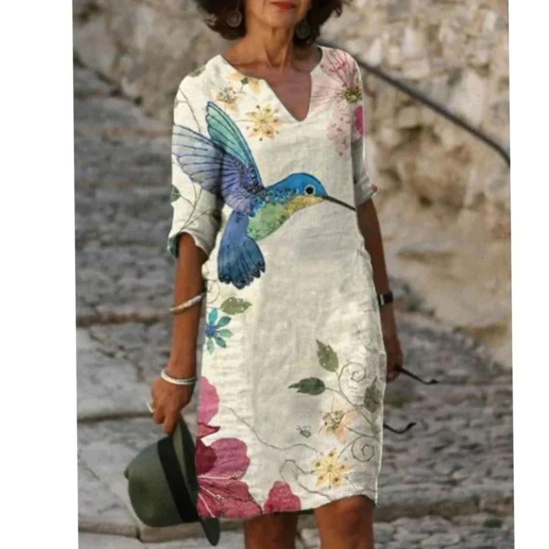 Damen Langarm Blumenmuster Shift Kleid mit V-Ausschnitt - Modell 13