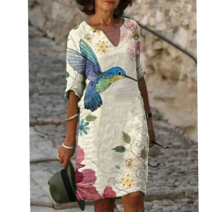 Damen Langarm Blumenmuster Shift Kleid mit V-Ausschnitt - Modell 13
