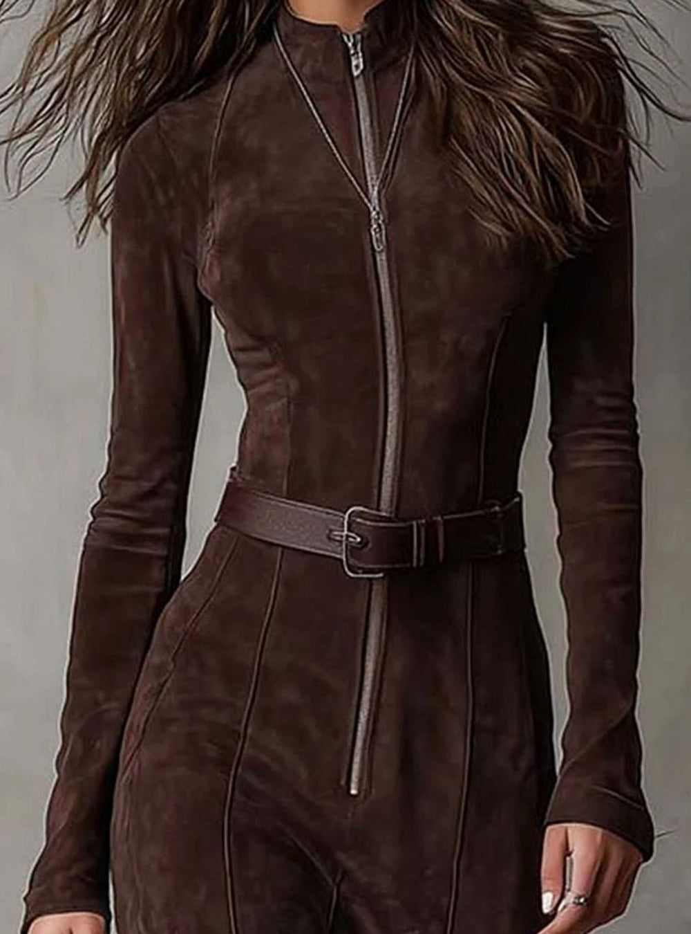 Damen Langarm-Maxikleid mit Reißverschluss Gürtel Hohem Schlitz
