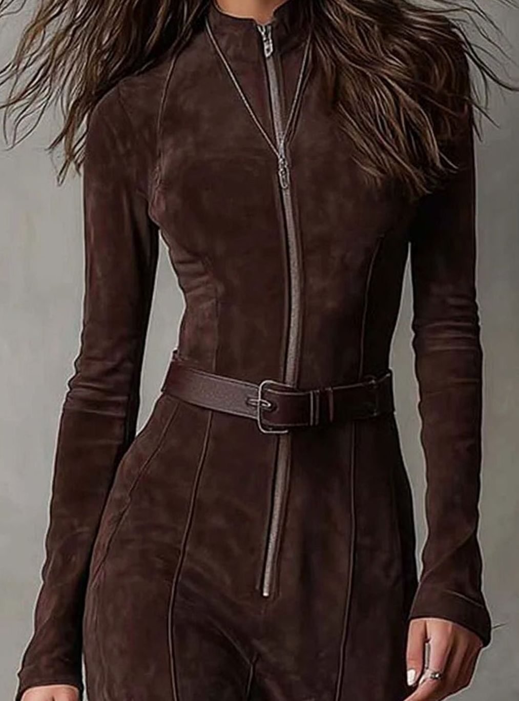 Damen Langarm-Maxikleid mit Reißverschluss Gürtel Hohem Schlitz