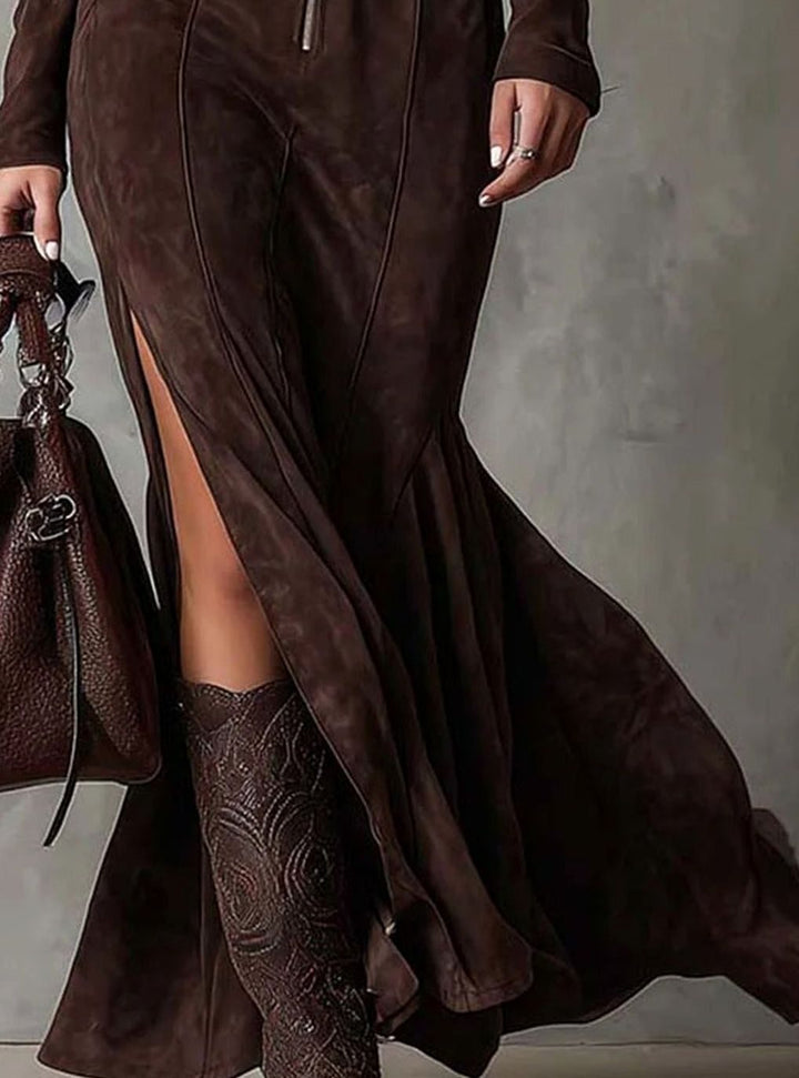 Damen Langarm-Maxikleid mit Reißverschluss Gürtel Hohem Schlitz
