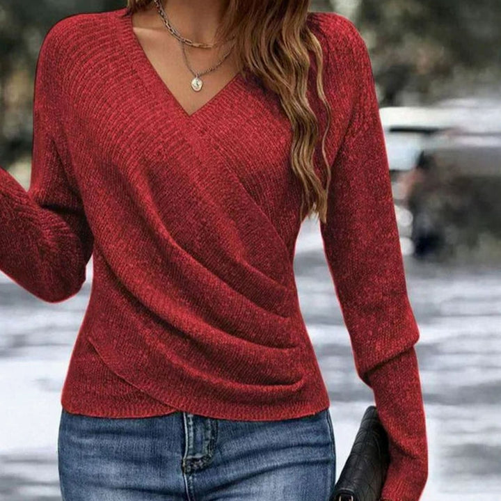 Damen Langarm V-Neck Wickeltop geraffter Wickelschnitt - Rot