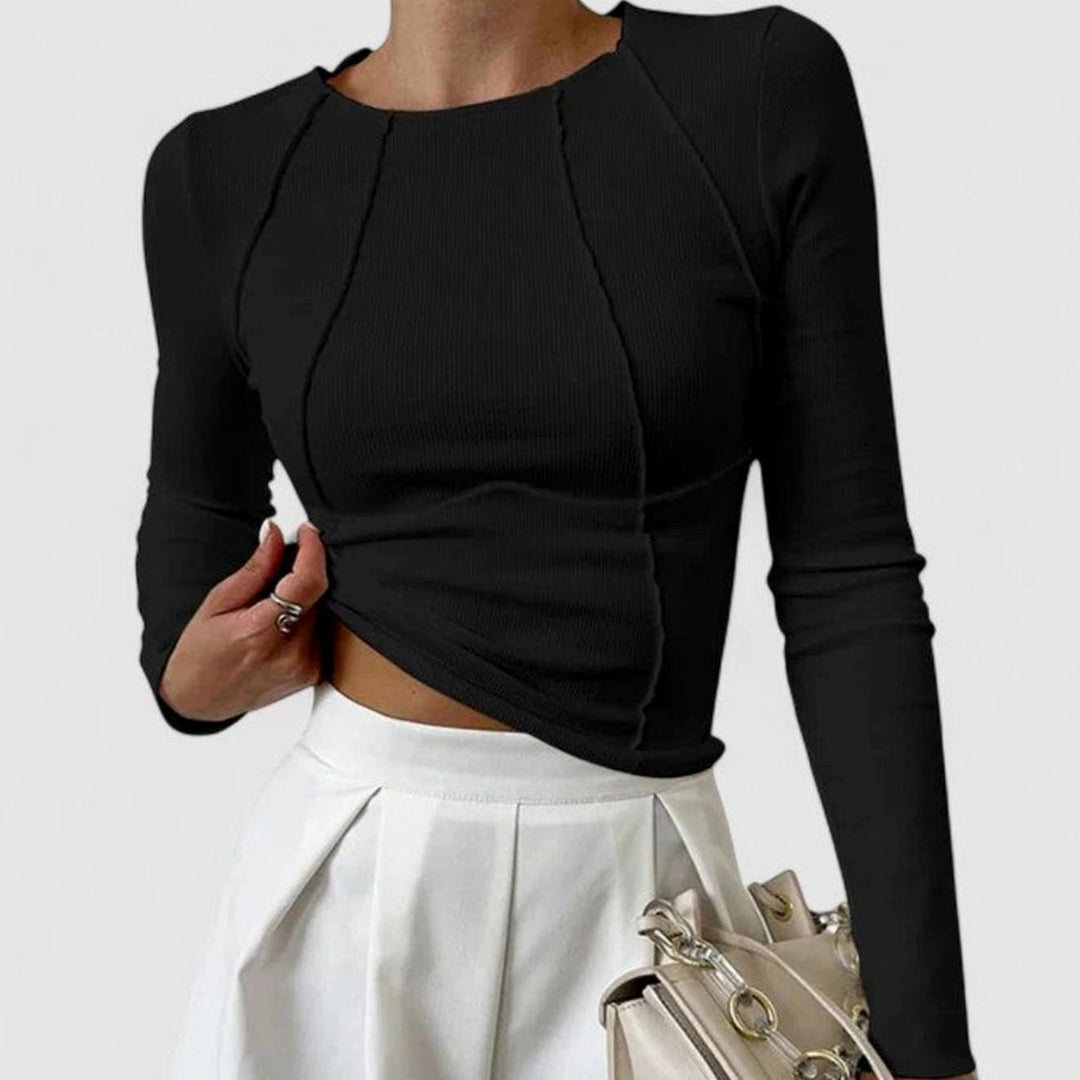 Damen Langarmshirt Enganliegend Figurbetontes Rippstrick-Crop-Top - Schwarz