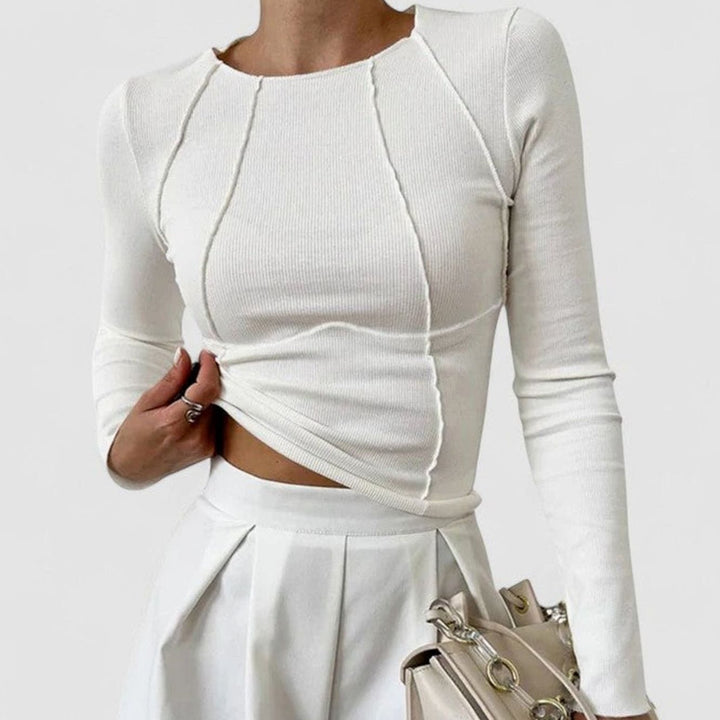 Damen Langarmshirt Enganliegend Figurbetontes Rippstrick-Crop-Top - Weiß