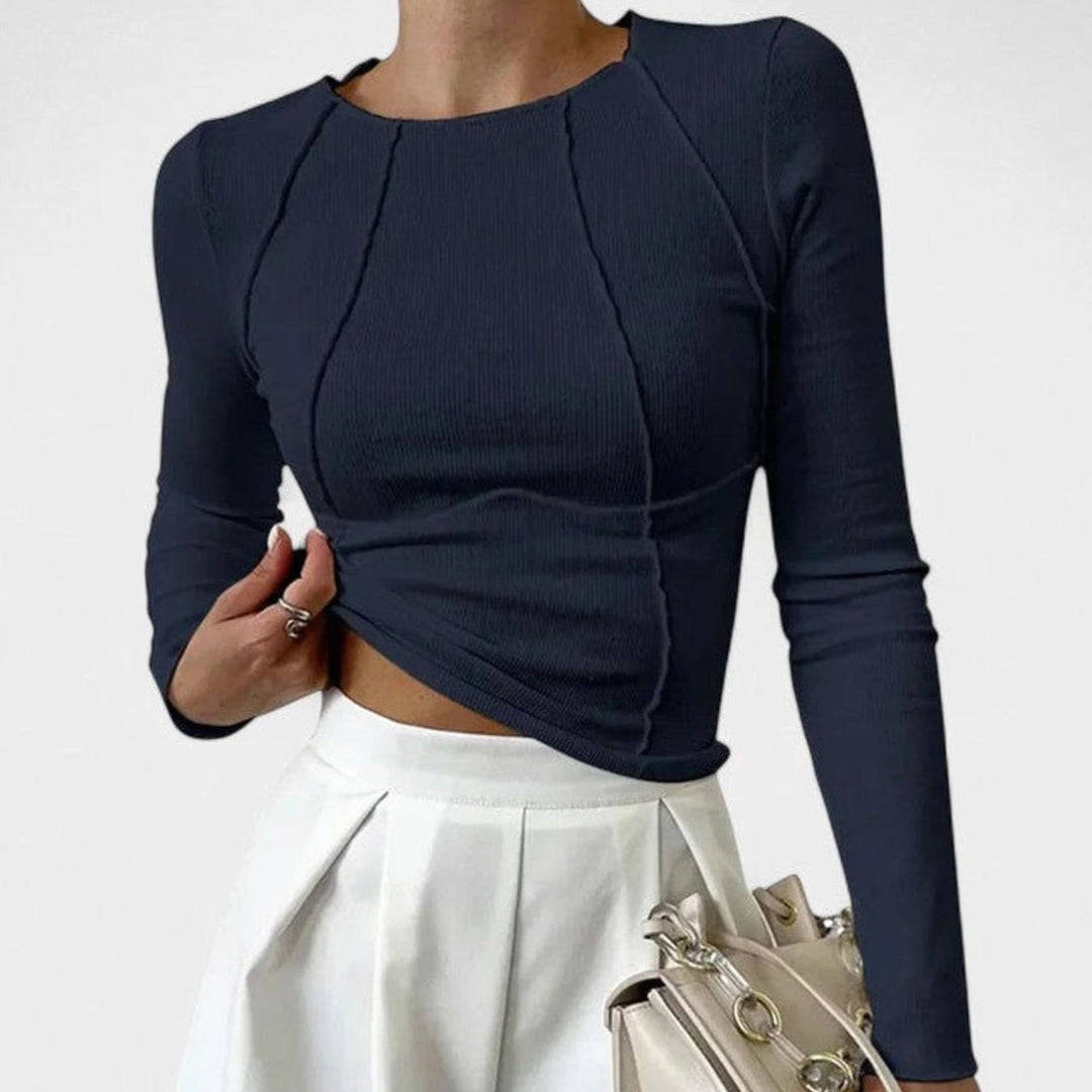 Damen Langarmshirt Enganliegend Figurbetontes Rippstrick-Crop-Top - Marineblau