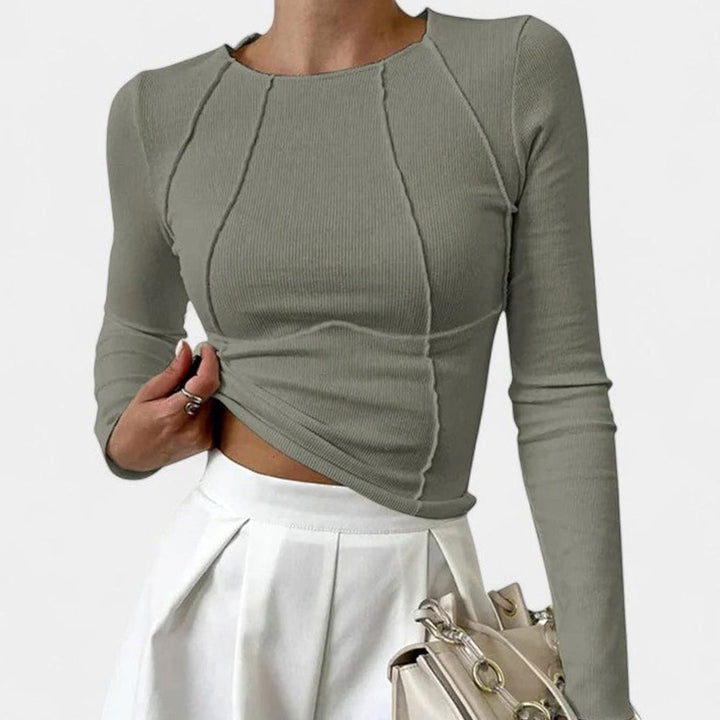 Damen Langarmshirt Enganliegend Figurbetontes Rippstrick-Crop-Top - Olivgrün
