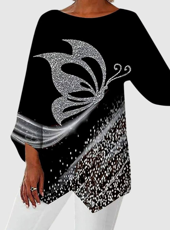 Damen Langarmshirt mit Schmetterlingsmuster asymmetrischer Saum - Stil 1