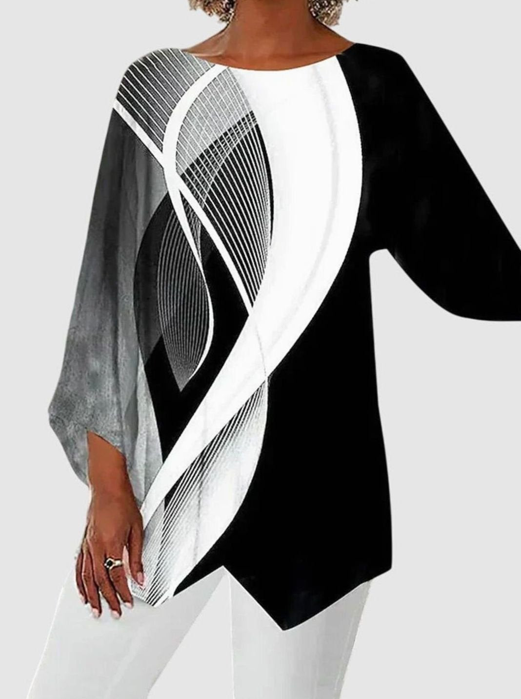 Damen Langarmshirt mit Schmetterlingsmuster asymmetrischer Saum - Stil 4