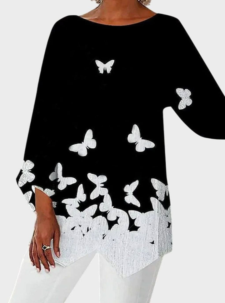 Damen Langarmshirt mit Schmetterlingsmuster asymmetrischer Saum - Stil 5
