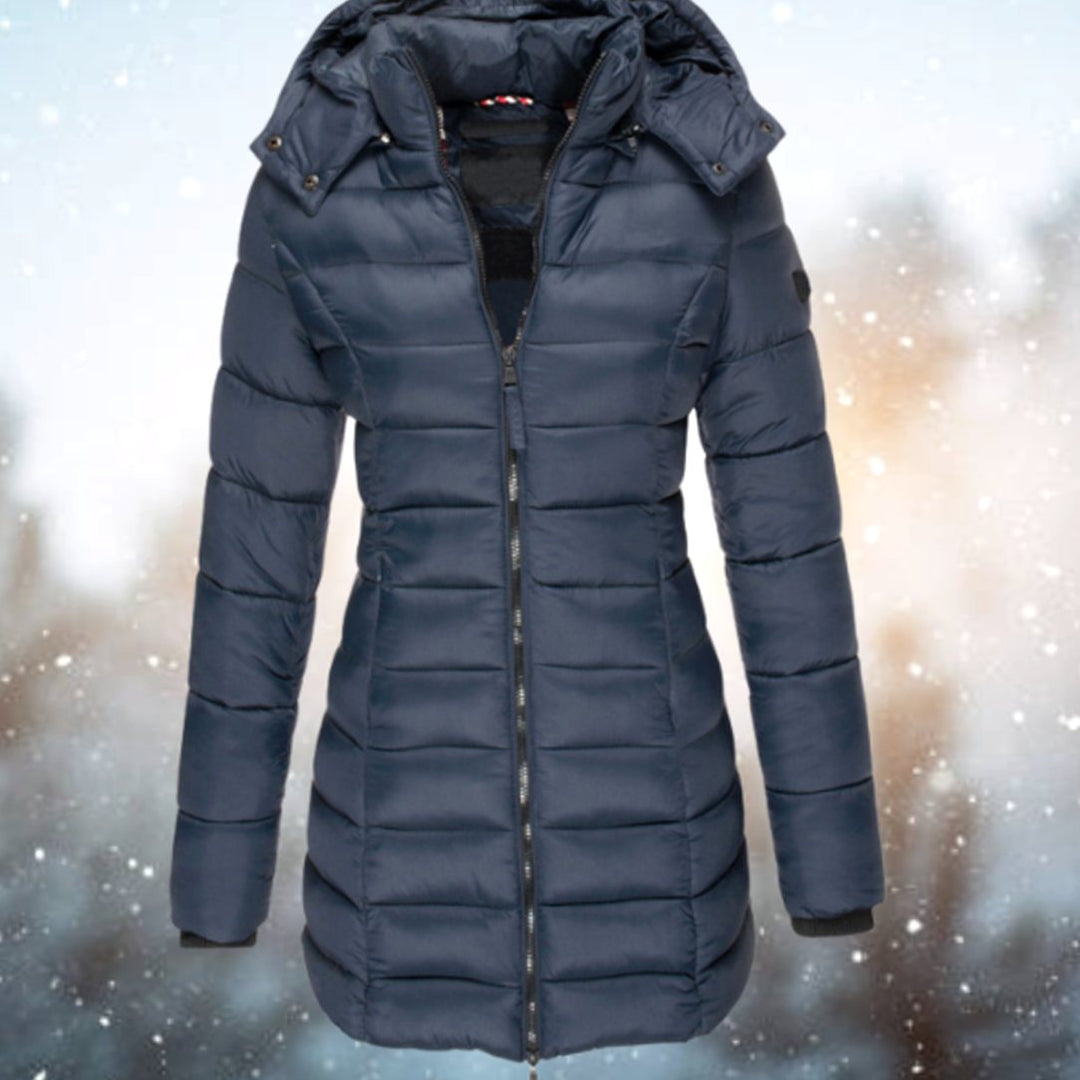Damen Lange Gesteppte Kapuzenjacke für den Winter - Marineblau