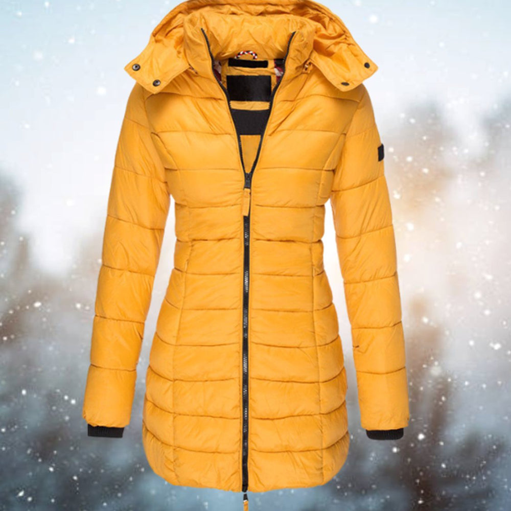 Damen Lange Gesteppte Kapuzenjacke für den Winter - Gelb
