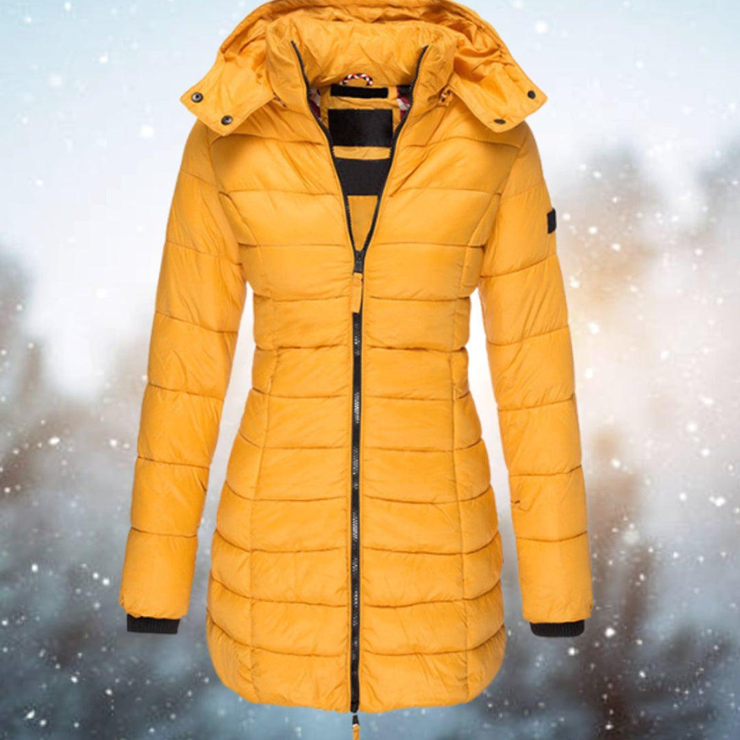 Damen Lange Gesteppte Kapuzenjacke für den Winter - Gelb