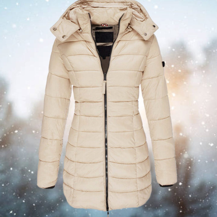 Damen Lange Gesteppte Kapuzenjacke für den Winter - Beige