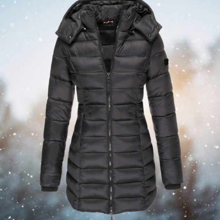Damen Lange Gesteppte Kapuzenjacke für den Winter - Schwarz
