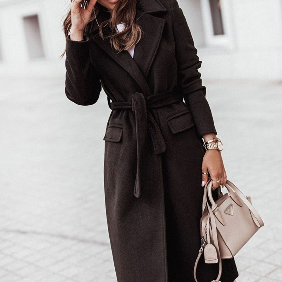 Damen Langer Gürtel-Mantel im lässigen Streetstyle Wolloptik - Schwarz