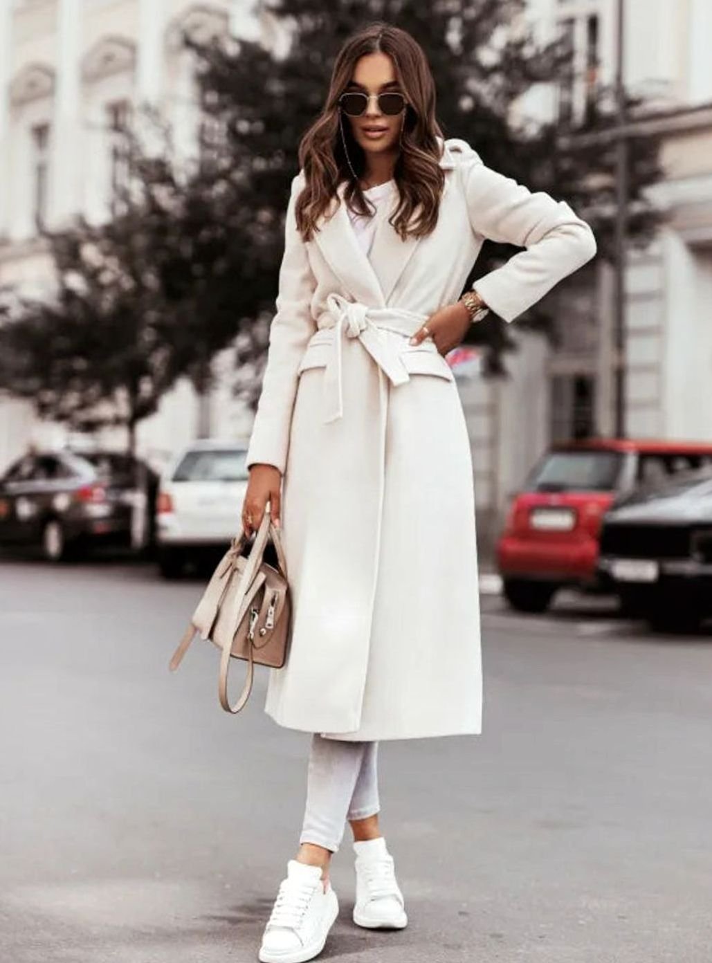 Damen Langer Gürtel-Mantel im lässigen Streetstyle Wolloptik - Weiß