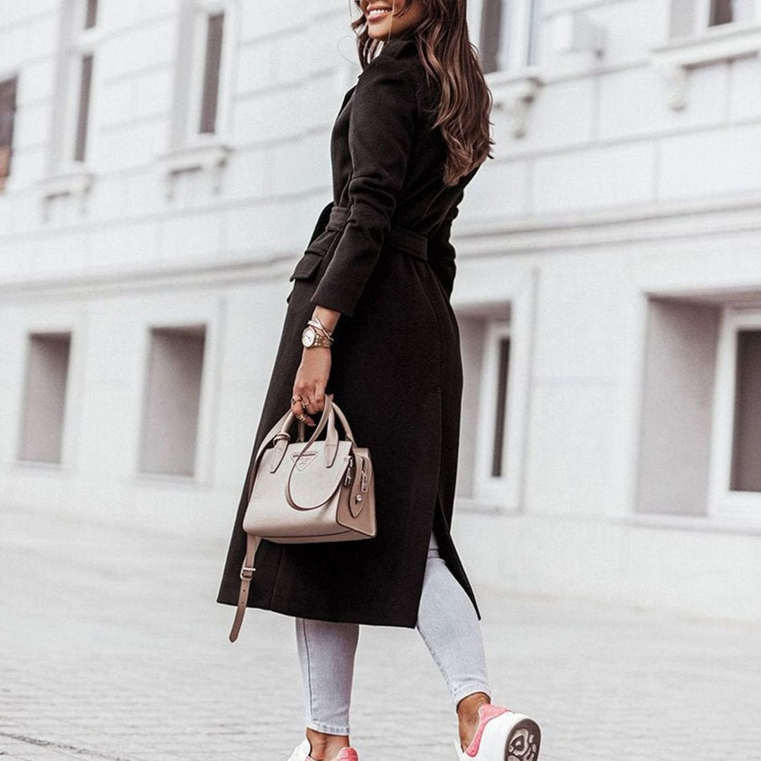 Damen Langer Gürtel-Mantel im lässigen Streetstyle Wolloptik