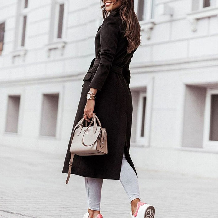 Damen Langer Gürtel-Mantel im lässigen Streetstyle Wolloptik