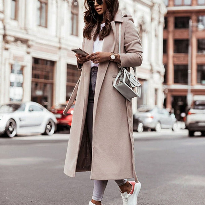 Damen Langer Gürtel-Mantel im lässigen Streetstyle Wolloptik - Aprikose