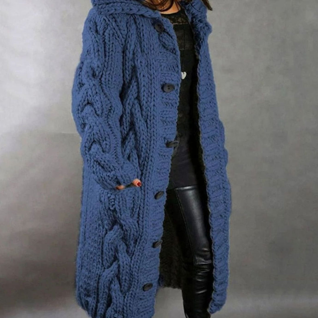 Damen Langer Kapuzen-Strickcardigan Zopfmuster Knopfleiste für den Winter - Blau