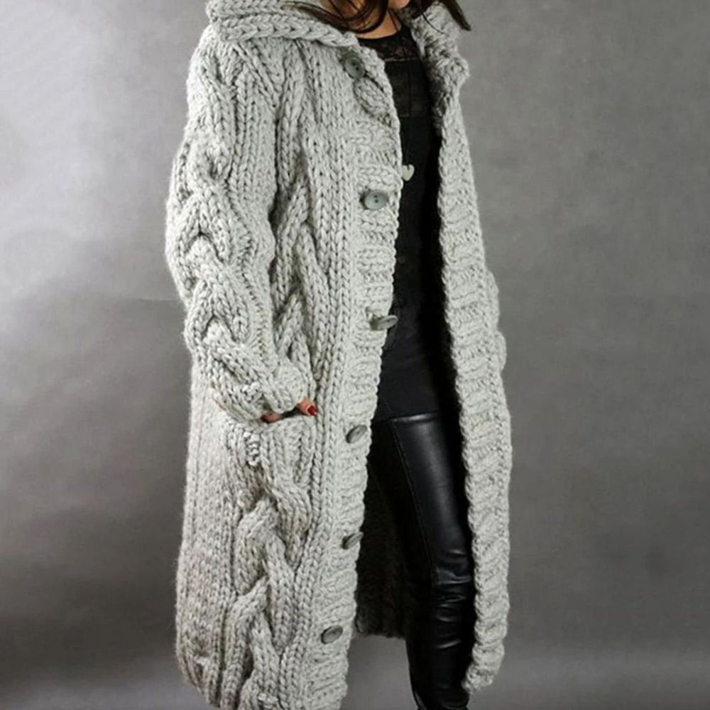 Damen Langer Kapuzen-Strickcardigan Zopfmuster Knopfleiste für den Winter - Silbergrau