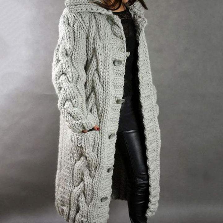 Damen Langer Kapuzen-Strickcardigan Zopfmuster Knopfleiste für den Winter - Silbergrau