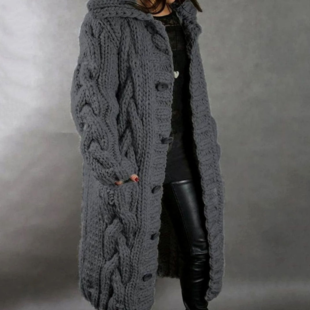Damen Langer Kapuzen-Strickcardigan Zopfmuster Knopfleiste für den Winter - Dunkelgrau