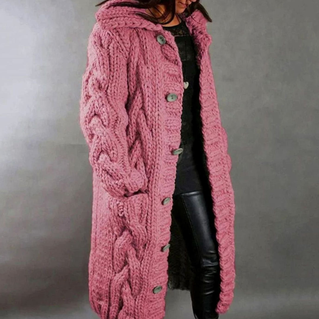 Damen Langer Kapuzen-Strickcardigan Zopfmuster Knopfleiste für den Winter - Rosa