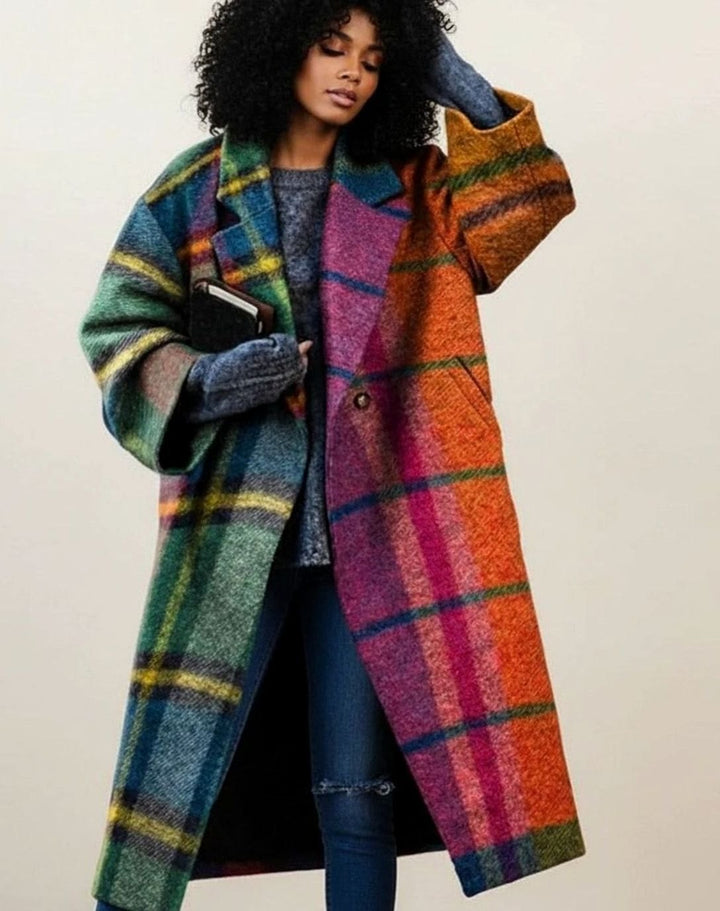 Damen Langer Karierter Oversized Wollmantel aus Wolle - Mehrfarbig