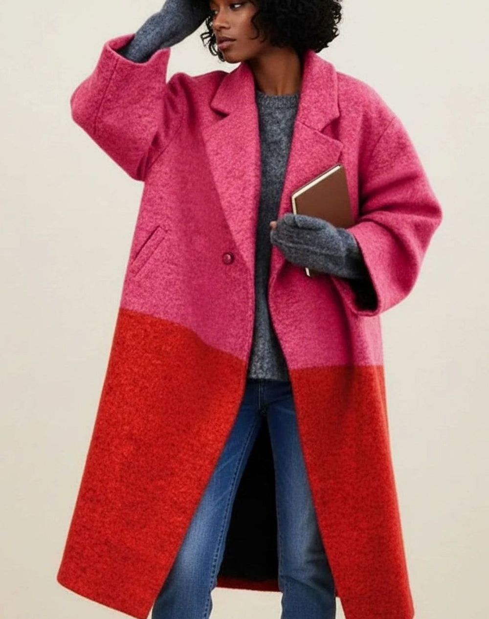 Damen Langer Karierter Oversized Wollmantel aus Wolle - Rosa-Rot